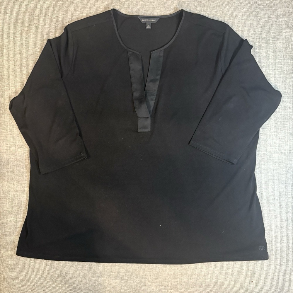 Banana Republic Black Blouse Womens‎ XXL 3/4 Sleeve Split Neck Top